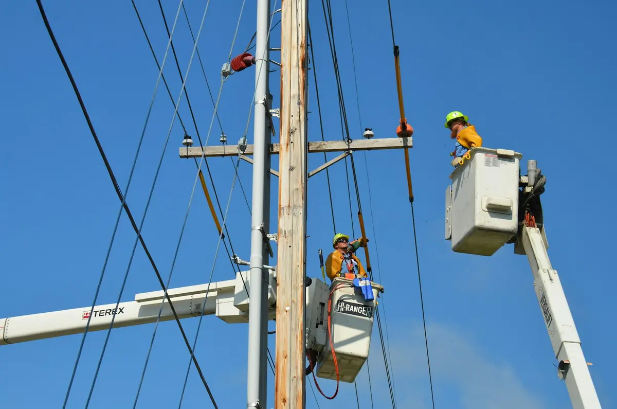 Técnicos trabajando en altura sobre líneas eléctricas